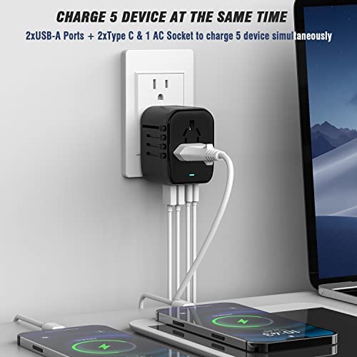 RXSQUL Universal International Power Travel Plug Adapter, 5 in 1 European Travel Plug Adapter W/ 3.5A 2xUSB-A and 2xUSB C Wall Charger and Worldwide AC Outlet for Europe USA UK AUS Asia-Black - Image 6