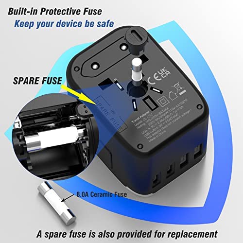 RXSQUL Universal International Power Travel Plug Adapter, 5 in 1 European Travel Plug Adapter W/ 3.5A 2xUSB-A and 2xUSB C Wall Charger and Worldwide AC Outlet for Europe USA UK AUS Asia-Black - Image 5