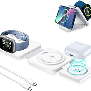 PEAPOLET Wireless Charger 3 in 1,Wireless Foldable Charging Station,Magnetic Fast Wireless Charging Pad Compatible with iPhone 14/13/12 Pro Max Plus,Apple Watch,AirPods,Adapters not Included (White)