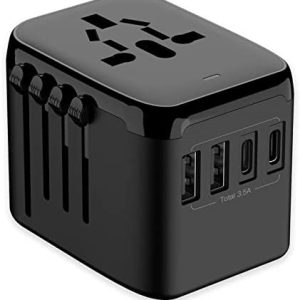 RXSQUL Universal International Power Travel Plug Adapter, 5 in 1 European Travel Plug Adapter W/ 3.5A 2xUSB-A and 2xUSB C Wall Charger and Worldwide AC Outlet for Europe USA UK AUS Asia-Black