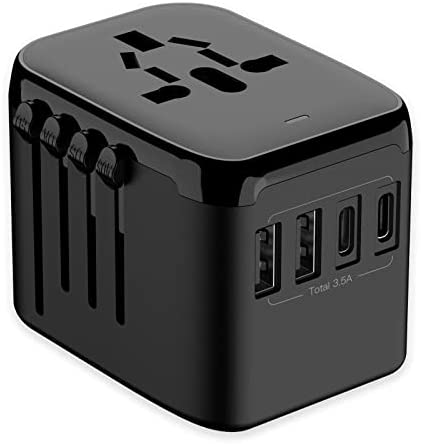 RXSQUL Universal International Power Travel Plug Adapter, 5 in 1 European Travel Plug Adapter W/ 3.5A 2xUSB-A and 2xUSB C Wall Charger and Worldwide AC Outlet for Europe USA UK AUS Asia-Black