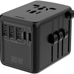 USB C & PD 35W Universal Travel Adapter,QC Fast Charger European Travel Plug Power Adapter, 3 USB & 2 Tyep-C & USA/EU/AU/UK AC Sockets, Compatible with MacBook, Laptops, iPhone, iPad Airpods & More
